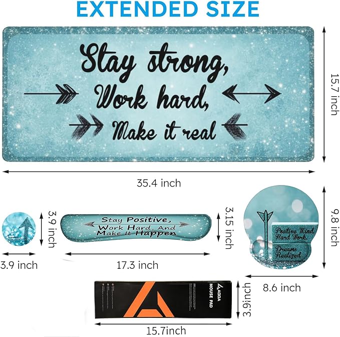 AQQA Desk Mat Desk Pad,5in1 XXL Mousepad + Keyboard Wrist Rest+Mouse Wrist Rest+Coaster Set with Ergonomic Desk Pad for Home Office Desk Accessories Decor Supplies,Stay Positive