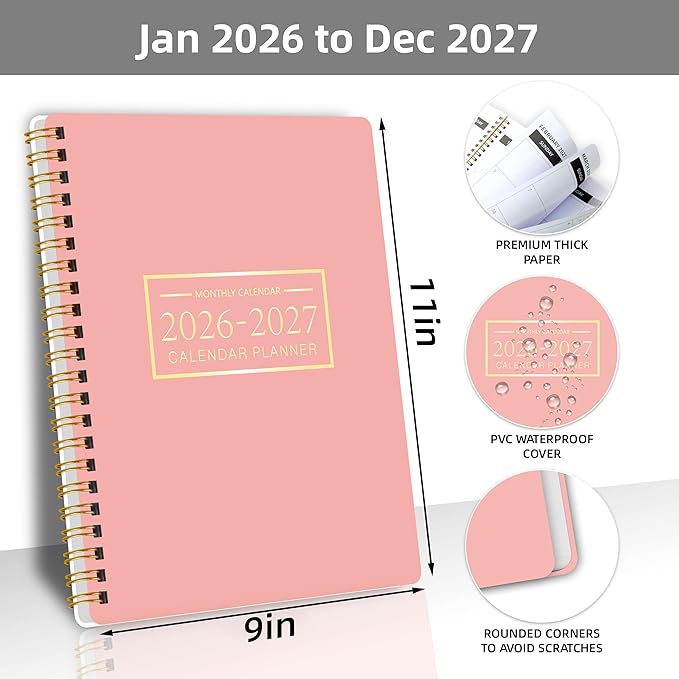 Monthly Planner Jan 2026 - Dec 2027, Monthly Planner for 24 Monthes, 9×11 Inch, Teacher Monthlys, Hard PVC Cover, Spiral Bound, Time Management Calendar, Perfect for School & Office (Pink)