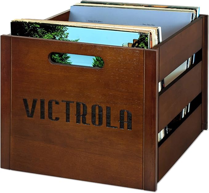 Victrola Wooden Record Crate – Tabletop Vinyl Album Holder, No-Tool Assembly, Holds Over 50 Records, Real Wood Construction, Elegant Design (Espresso)