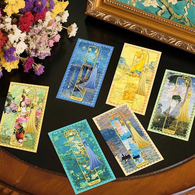 Kinsound Metal Bookmarks with Tassel, Golden Van Gogh Monet Oil Painting Theme Cute Hollow Book Markers for Reading Women, Teachers, Students, Reading Accessories Gifts for Book Lovers (Style B(6PCS))