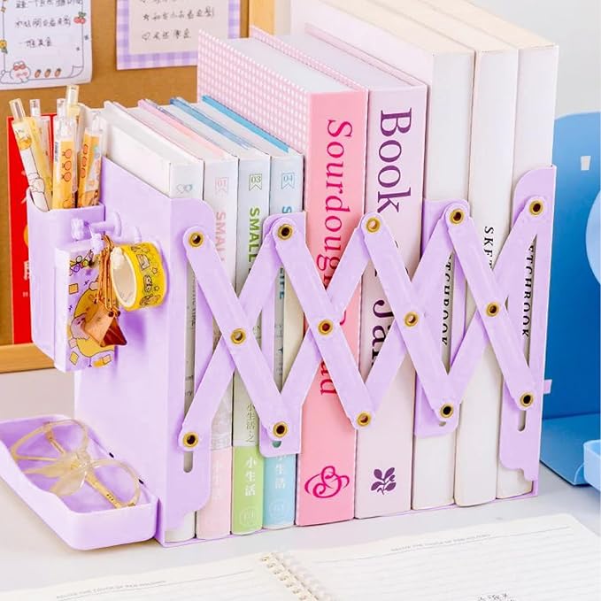 Adjustable Metal Bookends Heavy Duty for Shelves, 2 Dividers, Side Organzier, Anti-Slip Design Expandable Book Ends for Desk, Office(Purple, 18 inches Max)