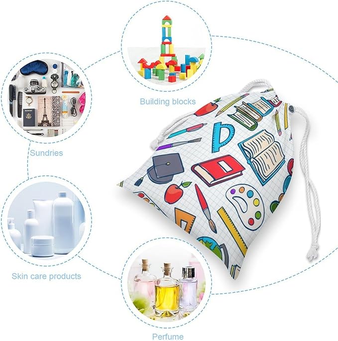 Elementary School Theme Student Supplies Globe Paints And Brushes Books EducationDrawstring Storage Bag Portable Tied Pocket Canvas Storage Bag12*18cm
