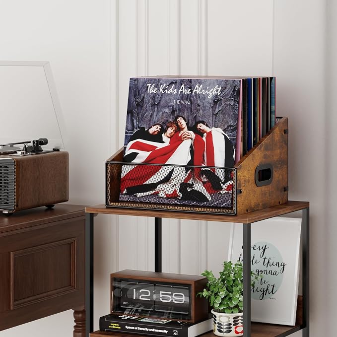 Yuzehuaza Wooden Vinyl Record Storage Crate, Retro & Durable Vinyl Storage and Record Holder, Large Capacity Album Holders for 60+ Vinyl Records, LP Album Case Box Organizer with Handles