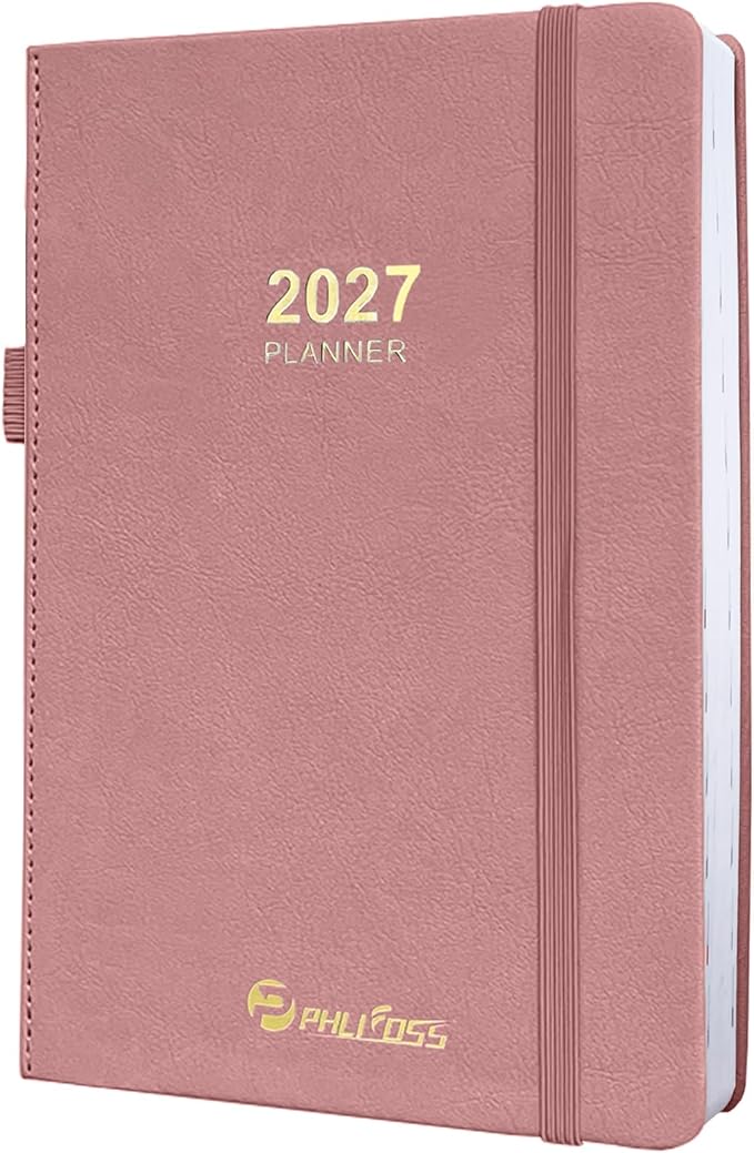 2027 Daily Planner/Calendar, One Page Per Day, Daily Monthly Agenda Planner with Time Slots and Monthly Tabs, Jan - Dec 2027, 5.7" x 8.25" Appointment Book, Pen Holder, Leather Cover (Pink)