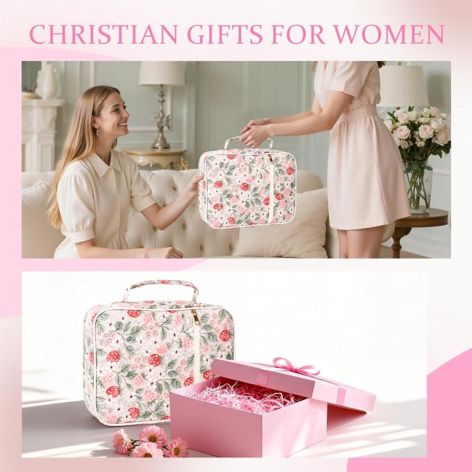 Bible Cover Case for Women Large Quilted Bible Carrying Bag with Handles Bible Study Supplies & Accessories Christian Gifts for Women(Strawberry Garden, M)