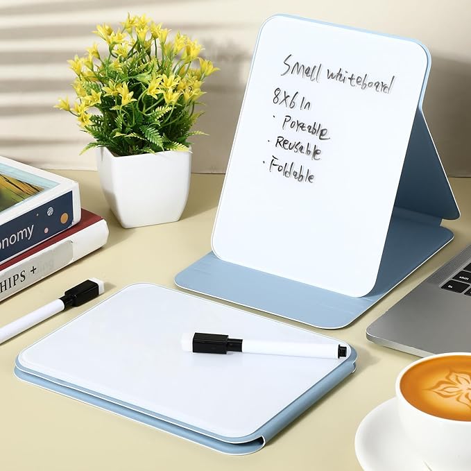 Dunzoom 2 Pcs Small Glass Desktop Whiteboard with Reversable Stand 8 x 6 Inch Mini Dry Erase White Board Easel with 2 Markers Reusable Desk Notepad for Home Office School Supplies (Blue)