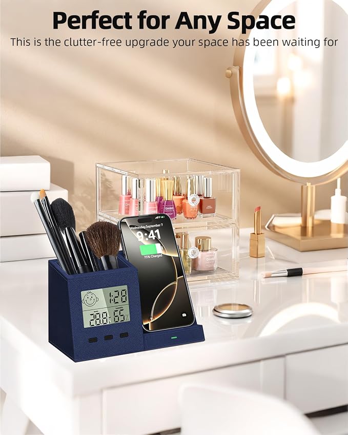 Multifunctional Pen Holder and Organizer for Desk with Wireless Charger, Digital Indoor Thermometer and Humidity Gauge, Home Office Organizers and Storage (Battery Included)