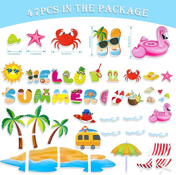Konsait Summer Bulletin Board Decorations,Summer Cutouts for Bulletin Board, Big Island Beach Summer Theme Bulletin Board for Home Office Classroom Blackboard Wall Decor