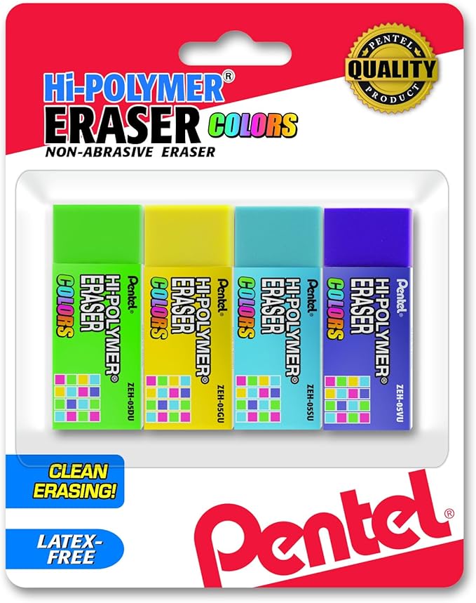 Pentel Hi-Polymer Block Eraser Small, Assorted Colors, Pack of 4 (ZEH05CRBP4M)