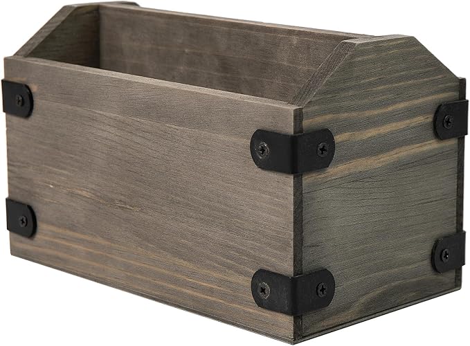 Stone Gray Wood Remote Control Organizer Wooden Tabletop Storage Caddy Two Compartment Holder TV Game Consoles Sorter Cell Phone Kitchen Utensils Office Supplies Living Room Home Bedroom