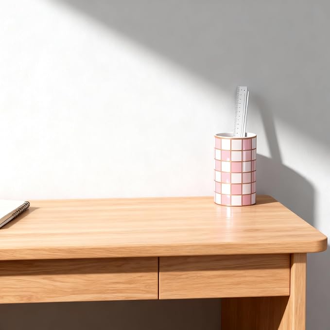 Ceramic Checkered Pen Holder For Desk,Cute Stand Black And White Pencil Cup,Durable Ceramic Pencil Cup, Decorative Makeup Brush Holder Cup, Stationery Holder for Office, School, Home (Pink)