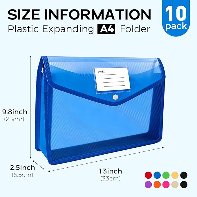 Plastic Expanding File Folder, Folders for Documents, Transparent Envelopes with Elastic Closure, File Folder Organizer Holder, Large Capacity, Fit Letter/A4 Size (Multicolor-10Pcs)