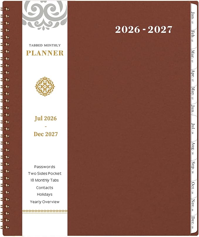 Monthly Planner 2026-2027 - JUL 2026 - DEC 2027, 2026-2027 Planner/Calendar, 18 Monthly Planner with Contacts & Passwords, 8.5" x 11" Planners 26-27, Thick Paper, Reddish Brown