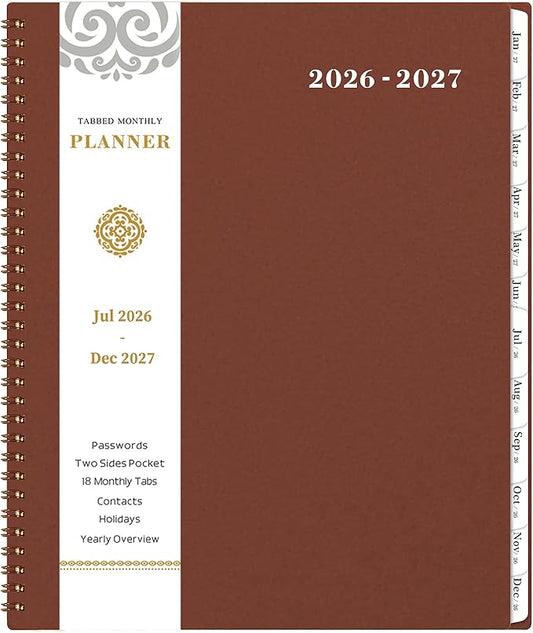 Monthly Planner 2026-2027 - JUL 2026 - DEC 2027, 2026-2027 Planner/Calendar, 18 Monthly Planner with Contacts & Passwords, 8.5" x 11" Planners 26-27, Thick Paper, Reddish Brown