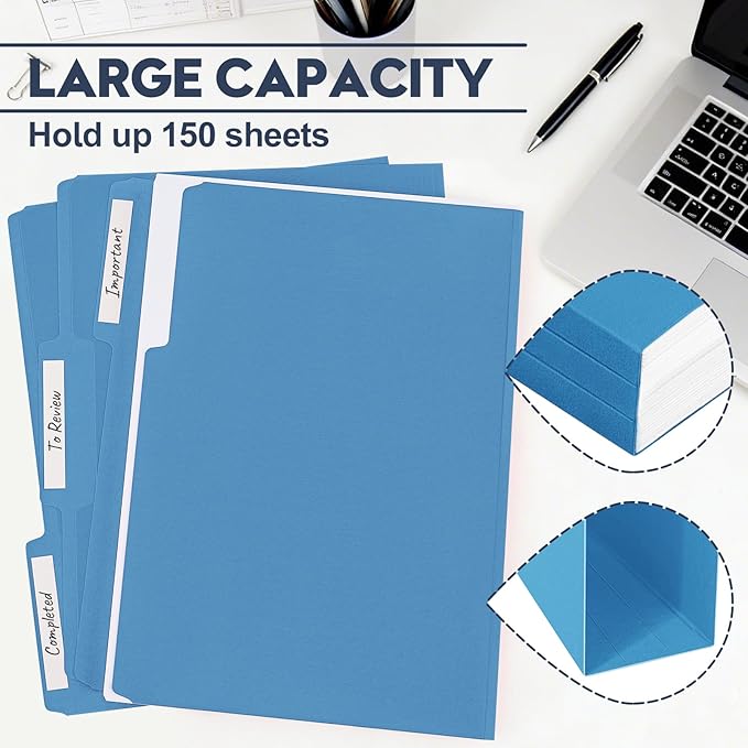 File Folders,150 Pack 1/3 Cut Tab Colored File Folders,Letter Size 8.5" x 11",Bulk Durable Paper Folders with Blank Labels for Office Business School Home Use,Navy Blue