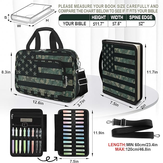 American Flag Caom Bible Cover Case for Men Boys, Large Kids Tactical Bible Carrying Book Case Church Bag, Bible Study Supplies Journaling Kit, Highlighters,Pens Cross Clips, Christian Gifts
