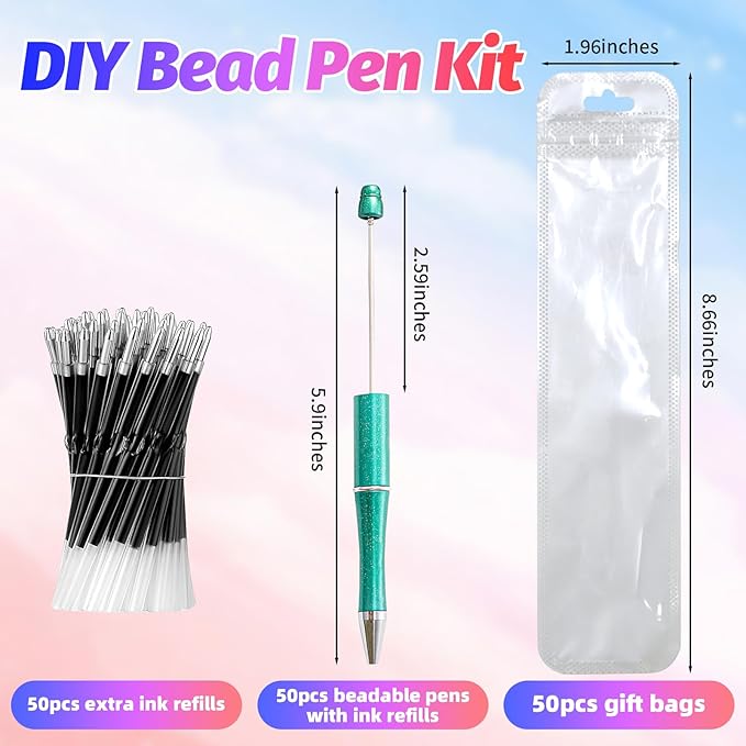 150 Pieces DIY Beadable Pen Kit – 50 Plastic Ballpoint Pens with Refills & Bags – School Supplies, Office Accessories & Decorative Items for Students & Teachers (Gradient Colors)