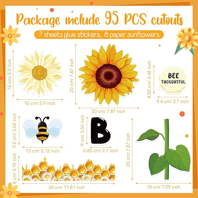 Qilery 103 Pcs Bee Amazing Bulletin Board Sets Cute Bee Honey Bulletin Board Cutouts Borders 3D Sunflower Classroom Bulletin Board Decoration for Spring Summer School Chalkboard Wall Door Decor