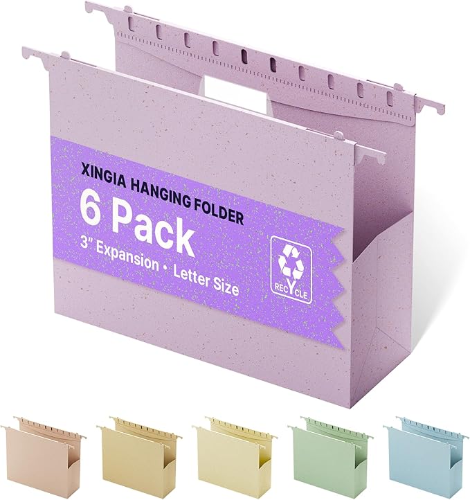 XINGIA Extra Capacity Plastic Hanging File Folders Letter Size,3'' Expanding File Folder with Tabs,6 Pack Wheat Straw Hang Folders for Filing Cabinet,Hanging File Organizer for File Frame,Box