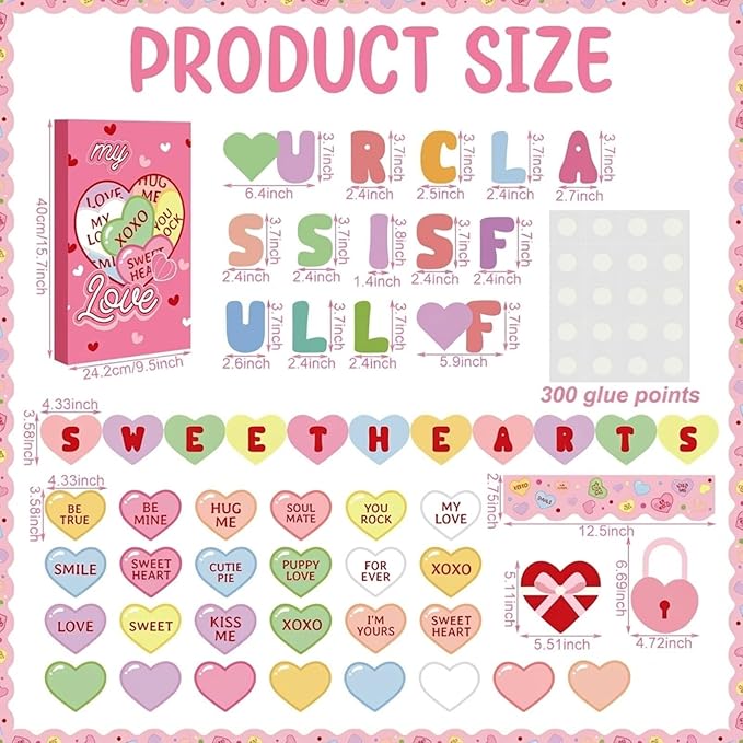 Gueevin 100 Pcs Valentine's Day Bulletin Board Set 3D Sweetheart Box with Conversation Heart Stickers Decorations Our Class Full of Sweethearts Cutouts for Valentine's Office School Classroom Decor