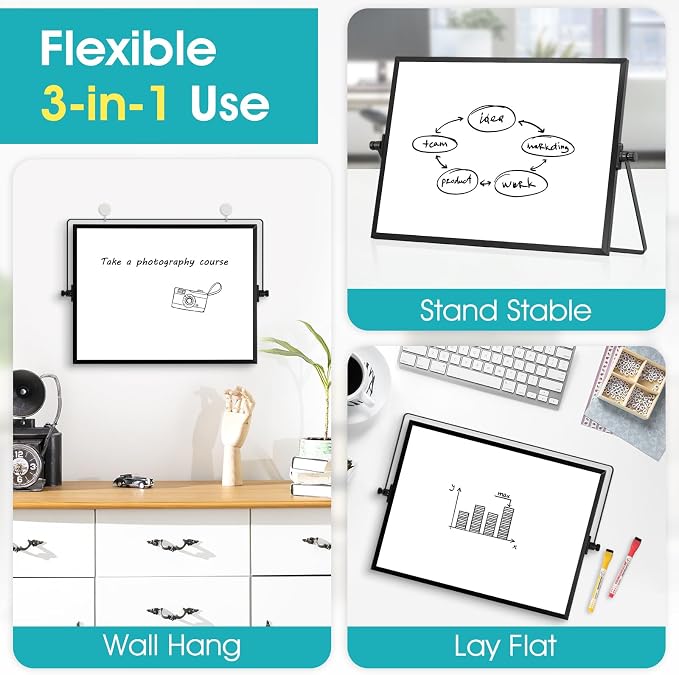 Dry Erase White Board, WALGLASS 16" x 12" Small Desktop Whiteboard with Stand, Double-Sided Magnetic Whiteboard, Portable Dry Erase Board for Kids Drawing, Study, Home, Office, School (Black)