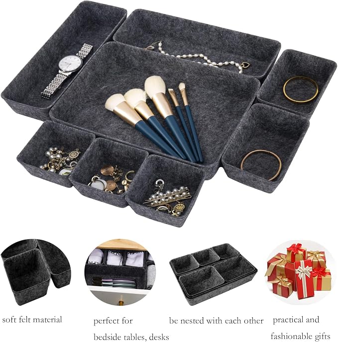 Desk Drawer Organizer Bins, 8pcs Felt Shallow Bathroom Storage Trays, Office Accessories & Workspace Organizers Jewelry & Makeup Boxes Containers(Black)