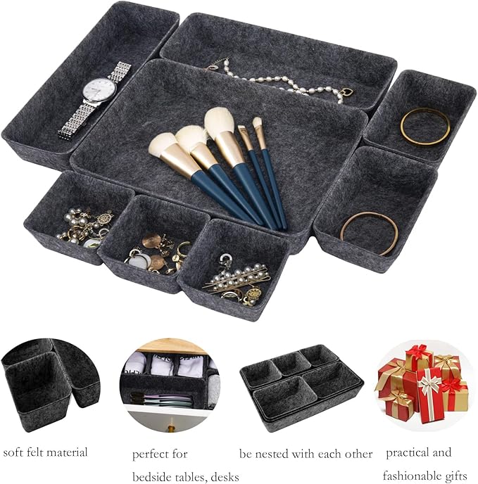 Desk Drawer Organizer Bins, 16pcs Felt Shallow Bathroom Storage Trays, Office Accessories & Workspace Organizers Jewelry & Makeup Boxes Containers(Black)
