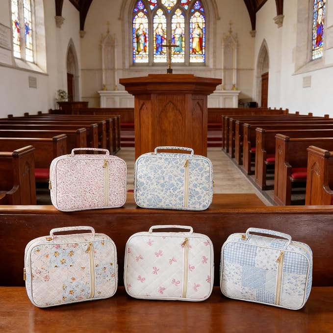 Bible Cover Case for Women Large Bible Cover Bag Bible Study Supplies Accessories Handle Quilted Bible Carrying Case for Girls Christian Gifts for Women (Light Blue)