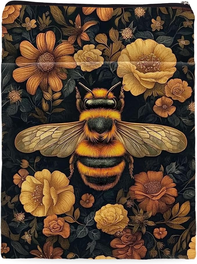 Vintage Flower Bee William Morris Book Sleeve for Book Lovers, Bookish Book Protector with Zipper, Washable Fabric Book Cover for Paperbacks & Hardcovers,11.4 x 9.1Inches (Black-Bees, Medium)