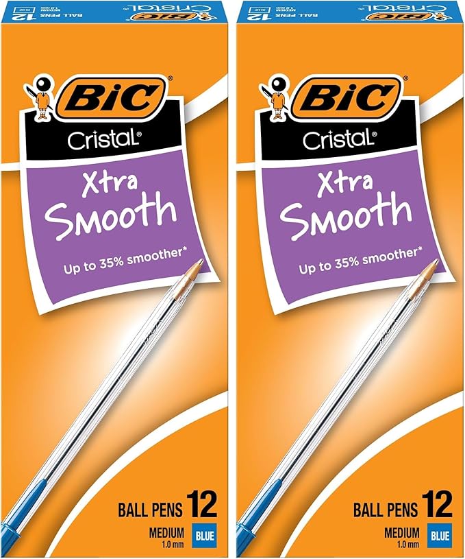 BIC Cristal Xtra Smooth Blue Ballpoint Pens, Medium Point (1.0mm), Extra Smooth and Reliable Ballpoint Pens, 12 Count (Pack of 2)