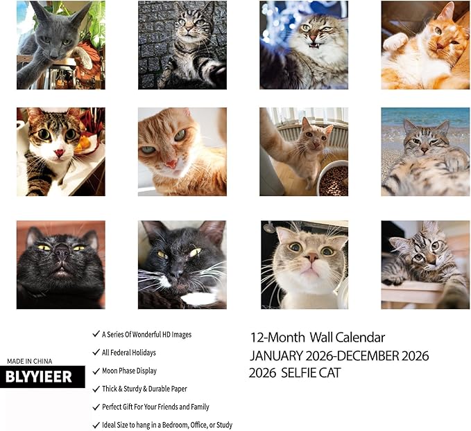 2026 Wall Calendar,Cat Calendar 2026,Selfie cat Monthly Wall Calendar, 12" x 24" Open,Family Planner Calendar Organizer with funny cat Images, for Cats Lovers