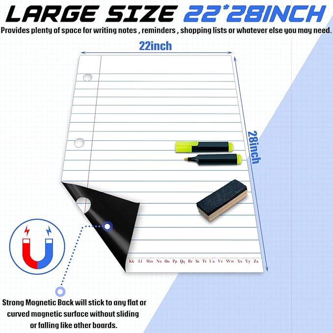 Giant Sized Magnetic Notebook Paper Handwriting Lined Paper Large Dry Erase Magnetic Notebook Poster for Whiteboard Accessories Homeschool Teacher Supplies Classroom Must Haves, 22'' x 28''