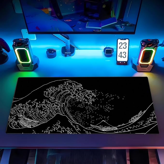 Japanese Great Wave Off Kanagawa Gaming Mouse Pad - XL Extended Ukiyo-e Art Desk Mat, Non-Slip Waterproof Rubber Base & Stitched Edges, 31.5 x 15.7 Inch Large Computer Mousepad