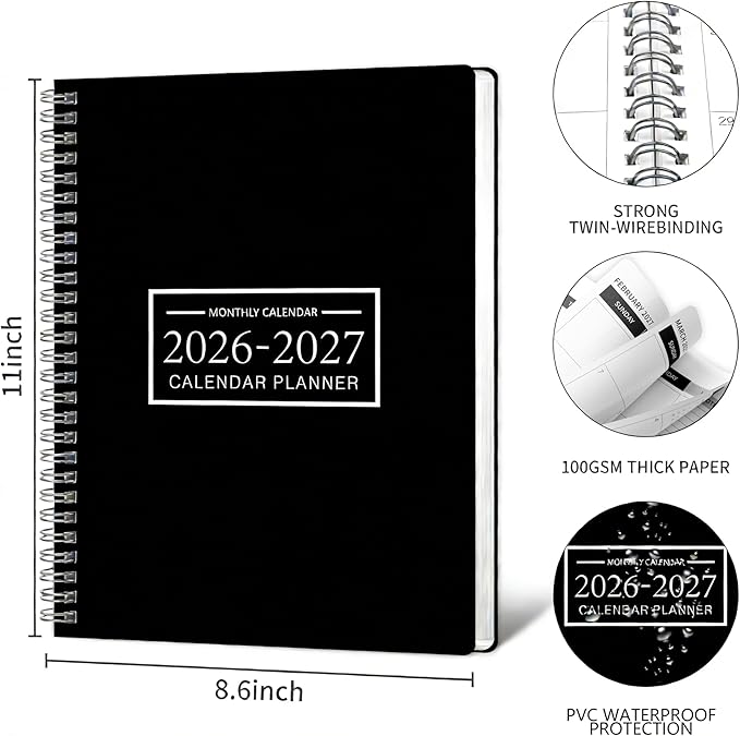 Monthly Planner 2026-2027, 2026 Calendar 24 Months Planner, Jan 2026 - Dec 2027, 8.6" x 11", Academic Calendar Hard PVC Cover with Spiral Bound, Perfect for School & Office for Women & Men