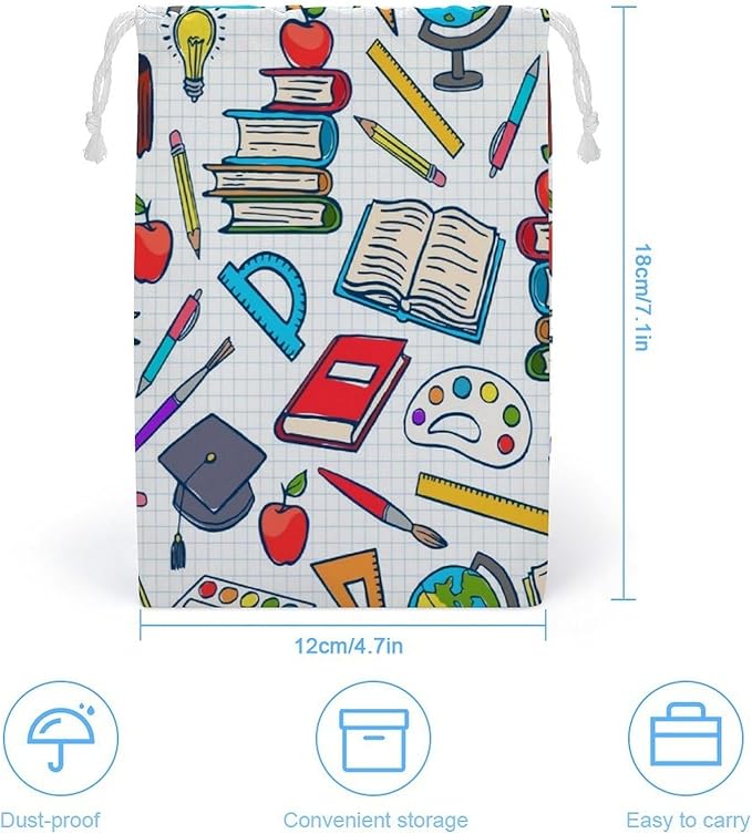 Elementary School Theme Student Supplies Globe Paints And Brushes Books EducationDrawstring Storage Bag Portable Tied Pocket Canvas Storage Bag12*18cm