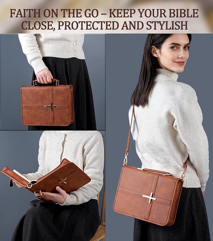 Vegan Leather Bible Cover Case, Bible Bag with Phone Pocket, Bible Case for Men Women, Christian Gift Box Packaging (Brown - with Strap)