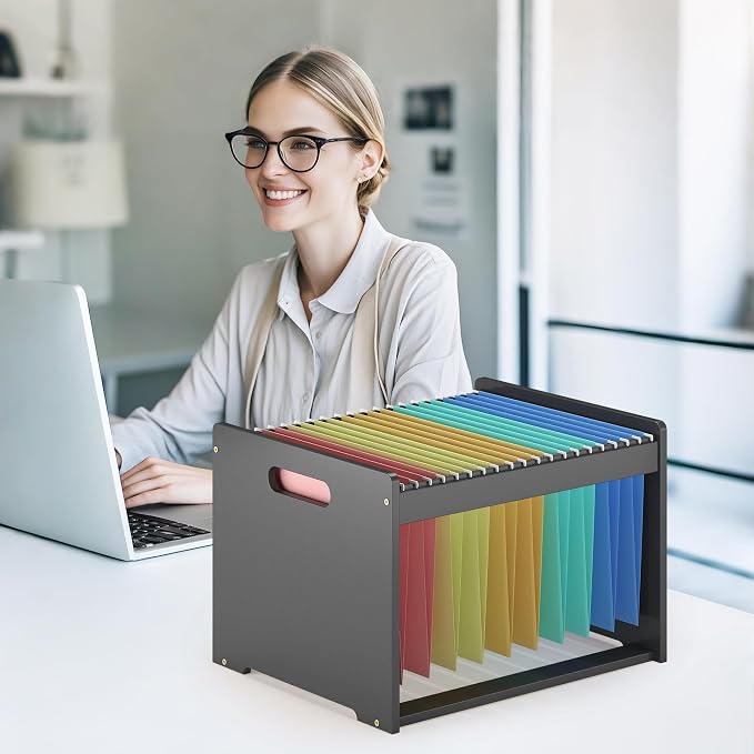 Hanging File Organizer Box for Letter Size, Bamboo File Folder Organizer, Storage Moving Boxes with Handle Wood Desk Filing Box for Office Banker Document