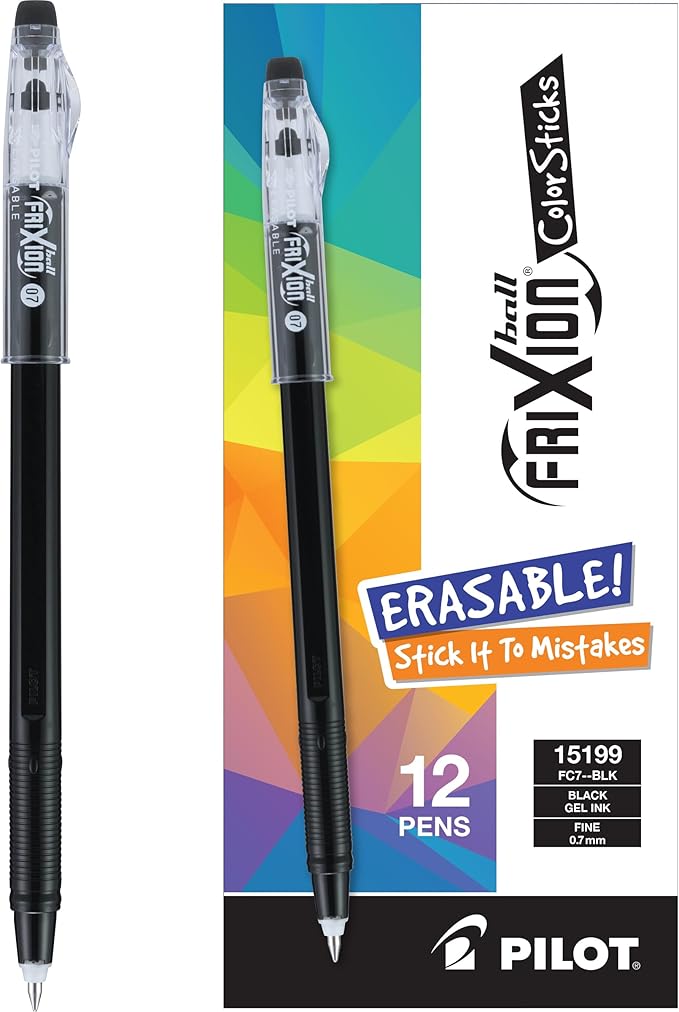 PILOT FriXion ColorSticks Erasable Gel Ink Stick Pens, Fine Point, Black Ink, 12 Count (13219)