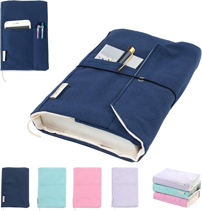 Canvas Book Covers, Washable Book Protector, Book Cover for Paperback Novels, Adjustable Book Cover for Hardcover with Pockets for Pen, Soft Cover Books, Book Lovers Gifts