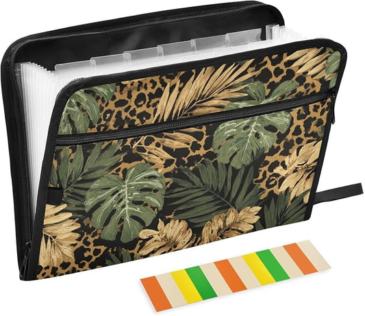 ALAZA Retro Palm Leaves Leopard Spots Expanding Filing Folder, 13 Pockets Expandable Document Organizer Folder with Zipper Closure for Home Office A4 Letter Size Paper Document