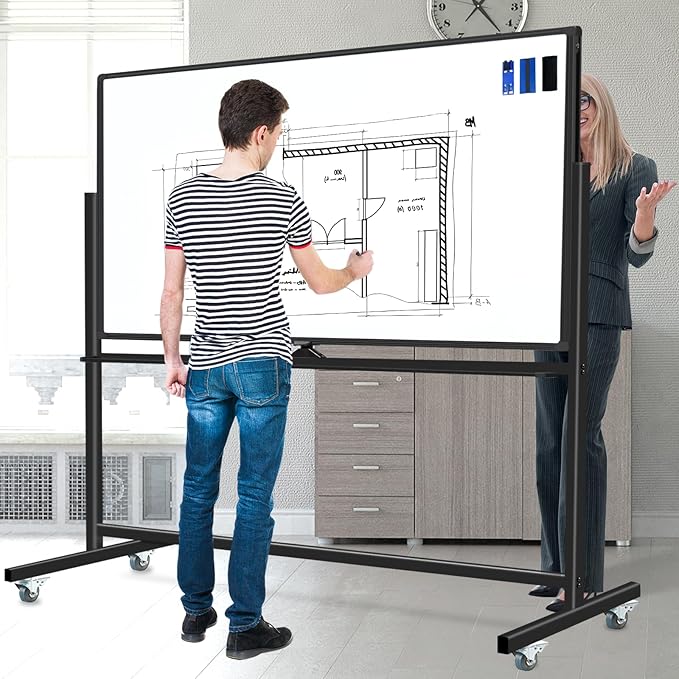 Rolling White Board on Wheels 72 X 40, Double-Sided Magnetic Large Rolling Whiteboard Dry Erase Board with Stand, Mobile Standing Whiteboard for Office, Classroom & Home