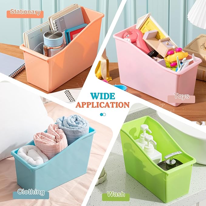 Geetery 12 Pcs Book Bin for Classroom with Labels Stackable Plastic Organizing Bins 11.5 x 5.4 x 7.5 in Book Holders Storage Bins Box Baskets for Classroom Library Home (Pastel Color)
