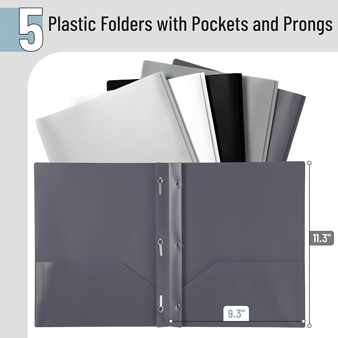 Mr. Pen- Plastic Folders with Pockets and Prongs, 5 Pack, Letter Size, Flexible Plastic Folders with Prongs, Black and White Theme