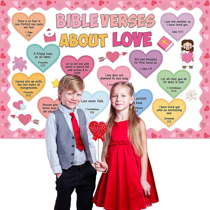 Valentine's Day Bulletin Board Decoration Colorful Heart Bible Verse Cutouts Valentines Jesus Religious Bulletin Board for Christian Valentine Office Chalkboard Sunday School Classroom Wall Decor