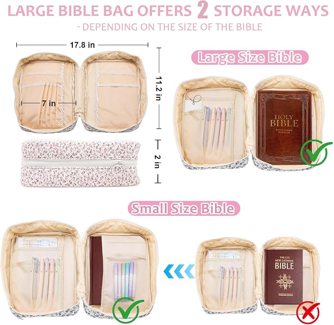 Bible Cover Case For Women,Large Bible Bag with Study Supplies,Quilted Bible Carrying Case for Girls,Portable Bible Case with Highlighter, Pens,Tabs,Bible Study Gifts for Women