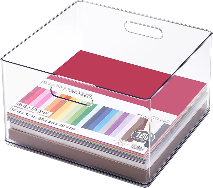Simply Tidy 13" x 13" Clear Storage Bin with Handles - Stackable Plastic Organizer for Paper, Crafts, and Office Supplies - 1 Pack