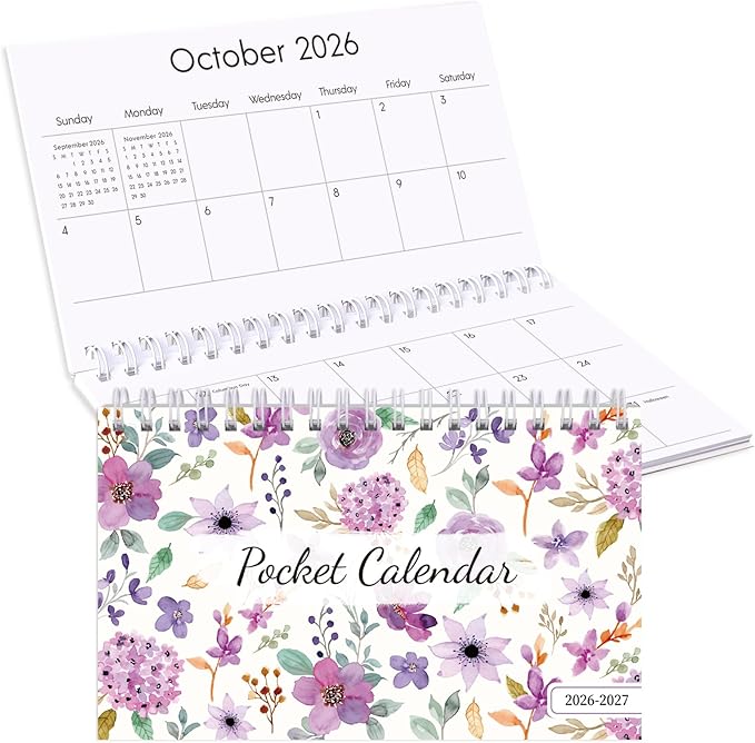 Phyxin Pocket Calendar 2026-2027, Pocket Calendar 2026 - Runs from January 2026 Until December 2027, 2026-2027 Monthly Planner-4.2" x 6.5", Pocket Planner with Coil for School Office Supplies, Purple