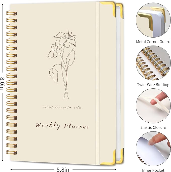 Undated Weekly Planner, Weekly To Do List Notebook with Goal & Habit Tracker Organizer, A5 5.8" x 8.0" Weekly Planner Notebook with Spiral Binding for Men or Women