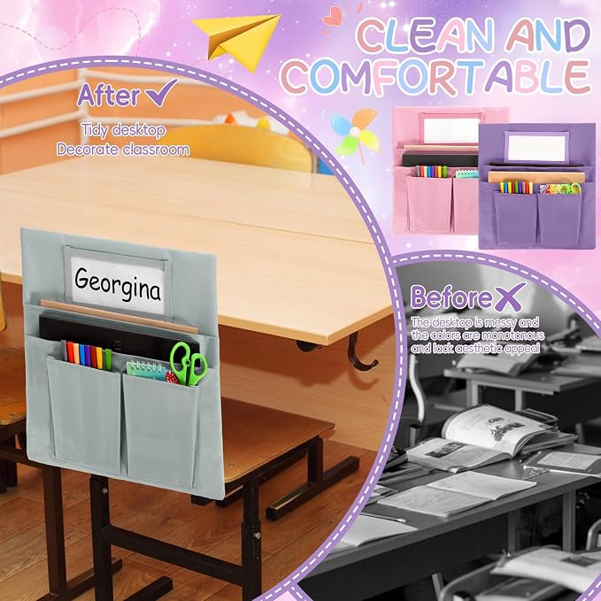 gisgfim 24 Pcs Small Chair Pockets for Classroom 13 x 14 Inch Bag with Name Tag Multi Pockets Chairsback Pouch Organizer for Student Kindergarten Elementary Daycare (Pastel Pink)