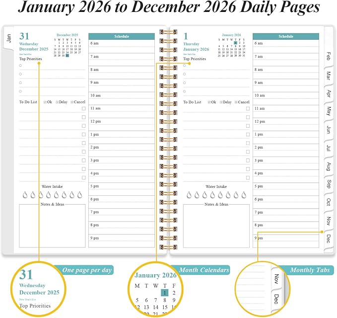 2026 Daily & Monthly Planner - One Page Per Day, Daily Planner 2026 from January 2026 to December 2026, Planners 26 with 12 Monthly Tabs, 6.4" x 8.5", Teal Flowers